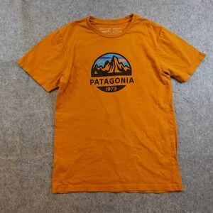 Patagonia Shirt Mens Small Slim Fit Orange Fitz Roy Scope Graphic Short Sleeve